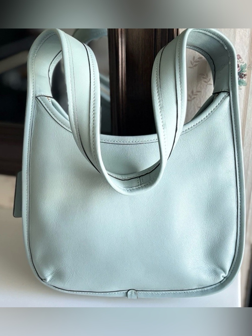 Light Blue Leather Shoulder Bag - Minimal Women's Handbag